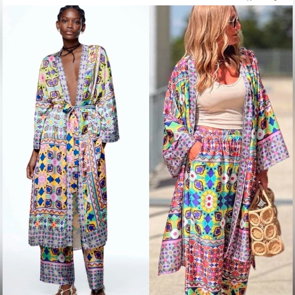 Zara satin effect print multicolored long belted split hem kimono Duster sz.S